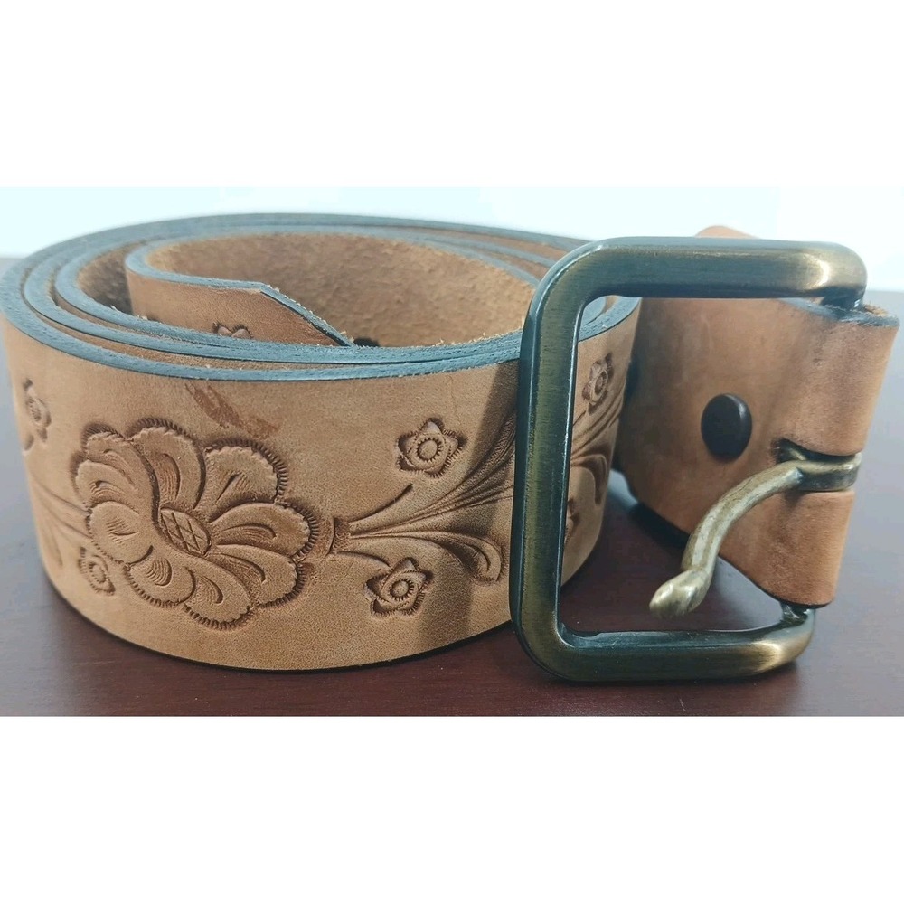 Chambers Phoenix Brown Genuine Leather Flower Embossed 41 Inch Belt Made In USA